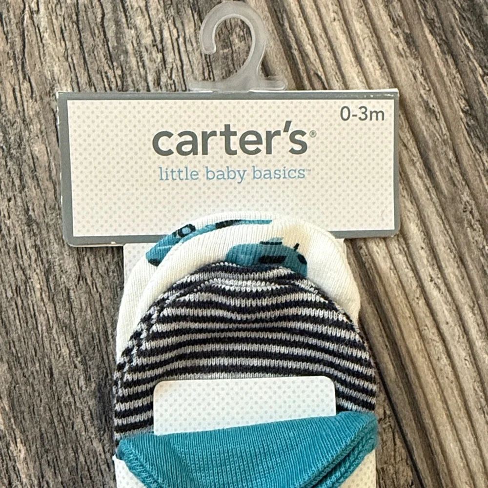 Carter's Baby boys 3-Pack Scratch Mittens (0-3 MONTHS) cotton blue stripes new
